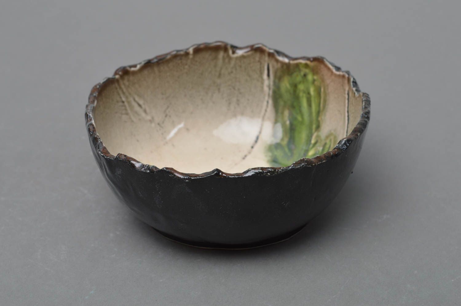 Unusual stylish handmade small porcelain salad bowl with wavy edges photo 1