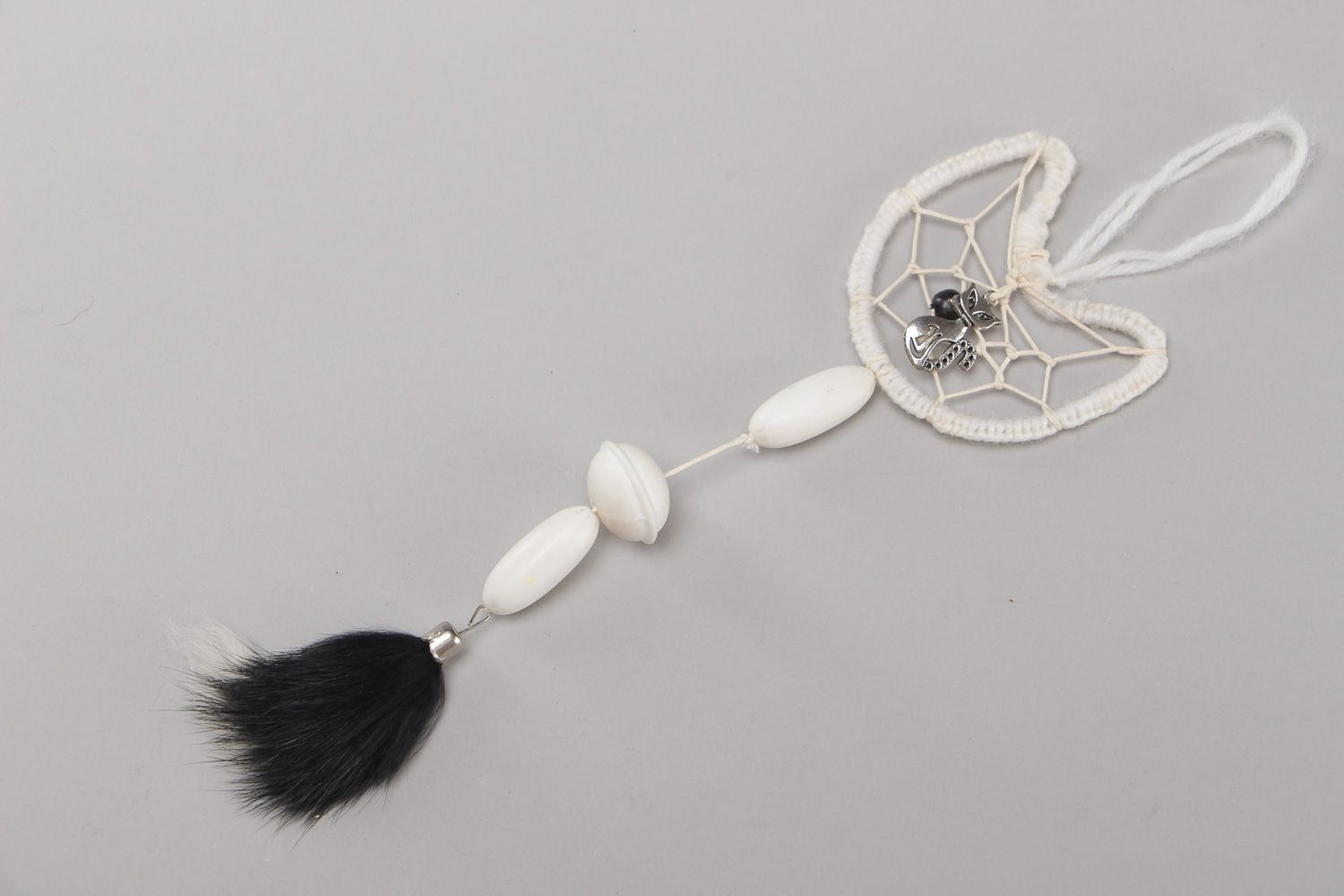 Small white handmade dreamcatcher wall hanging with fur for interior decoration photo 2