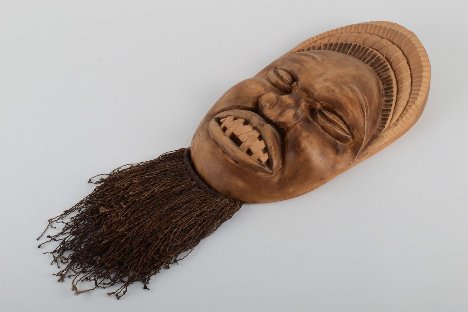 Handmade wall hanging ethnic mask carved of wood with beard for interior decor photo 2
