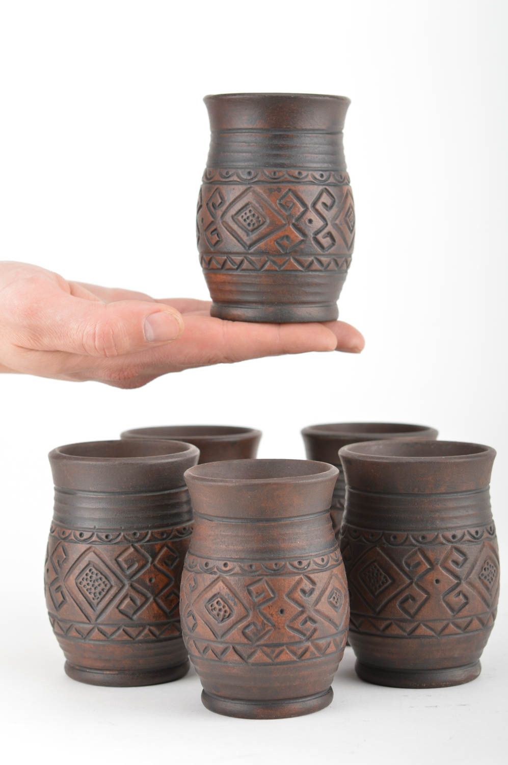 Глиняная посуда набор из шести стаканов ручной работы красивые по 250 мл фото 3