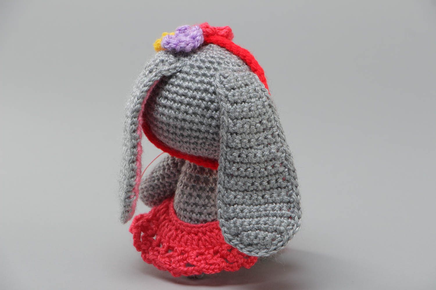 Small gray handmade soft toy bunny crocheted of acrylic threads for children photo 4