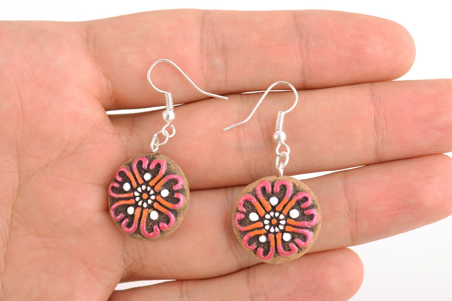 Small round dangling earrings molded of clay and painted with acrylics handmade photo 2