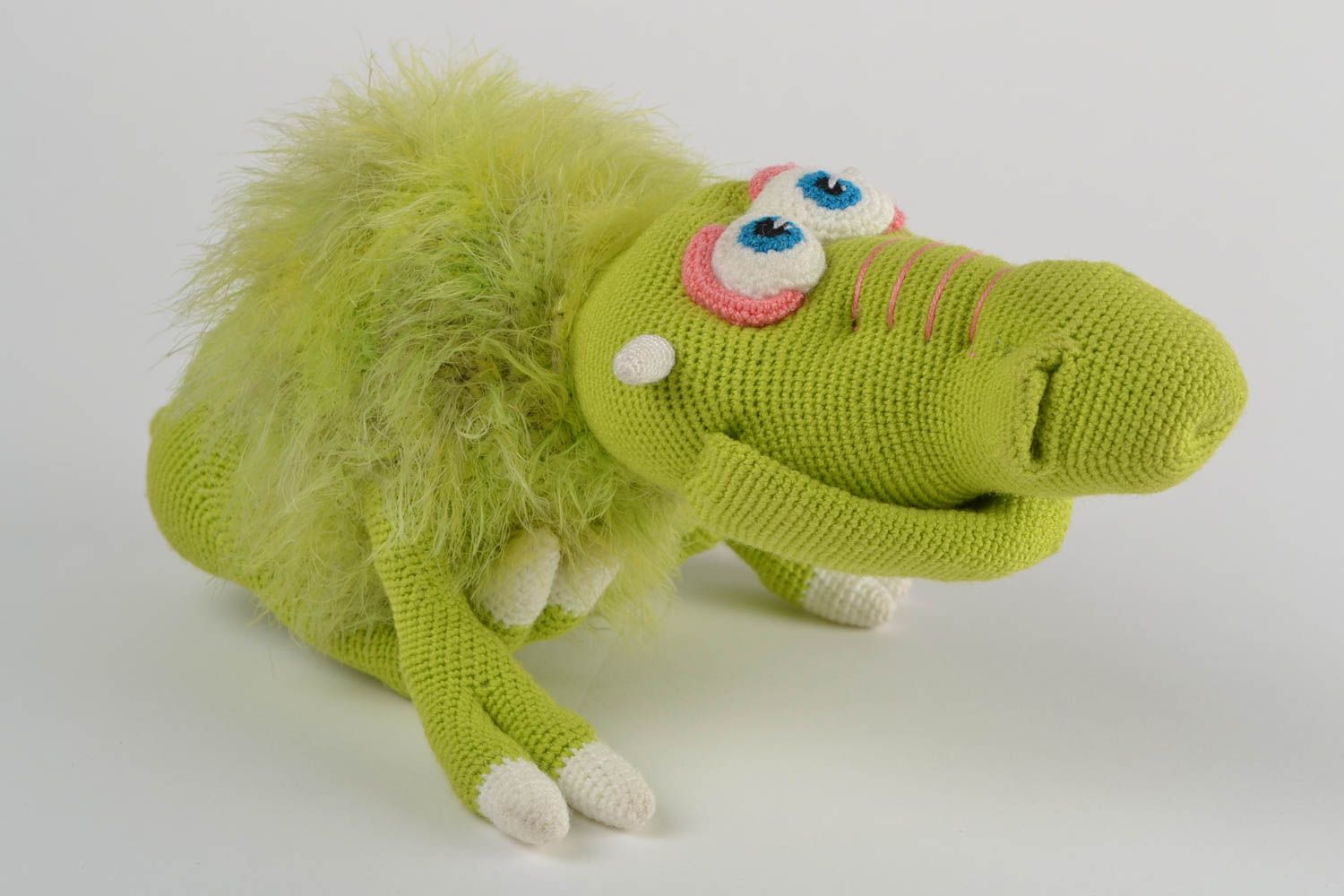 Soft crocheted handmade toy for children funny green Gragomot interior decor  photo 1