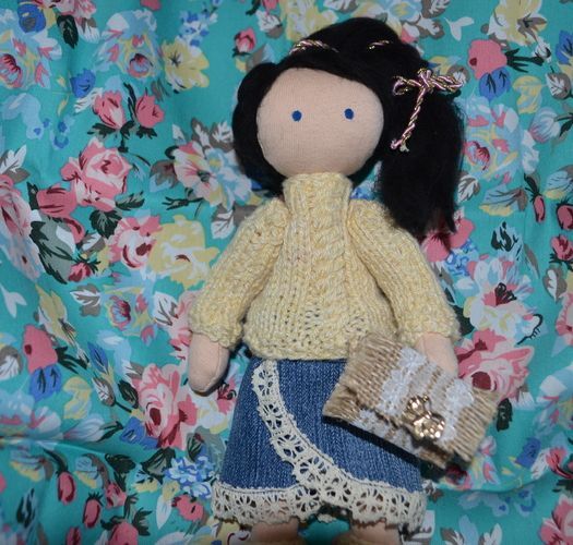 Handmade soft toy brunette doll in knitted sweater and denim skirt photo 1