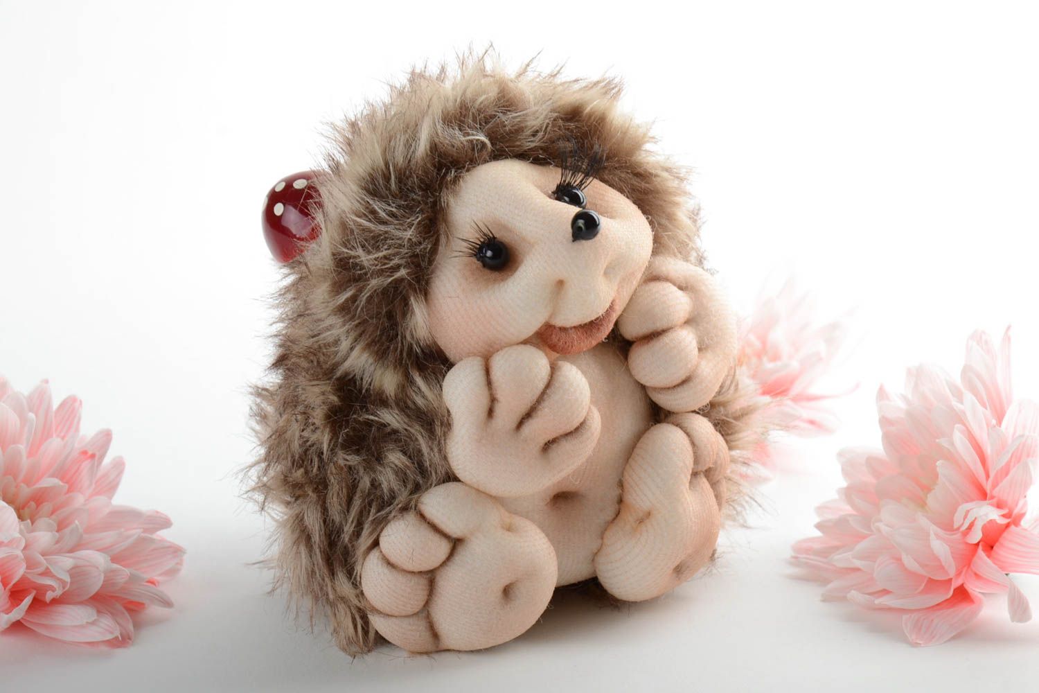 Toy handmade hedgehog small cute smiling brown doll for children and decor photo 1