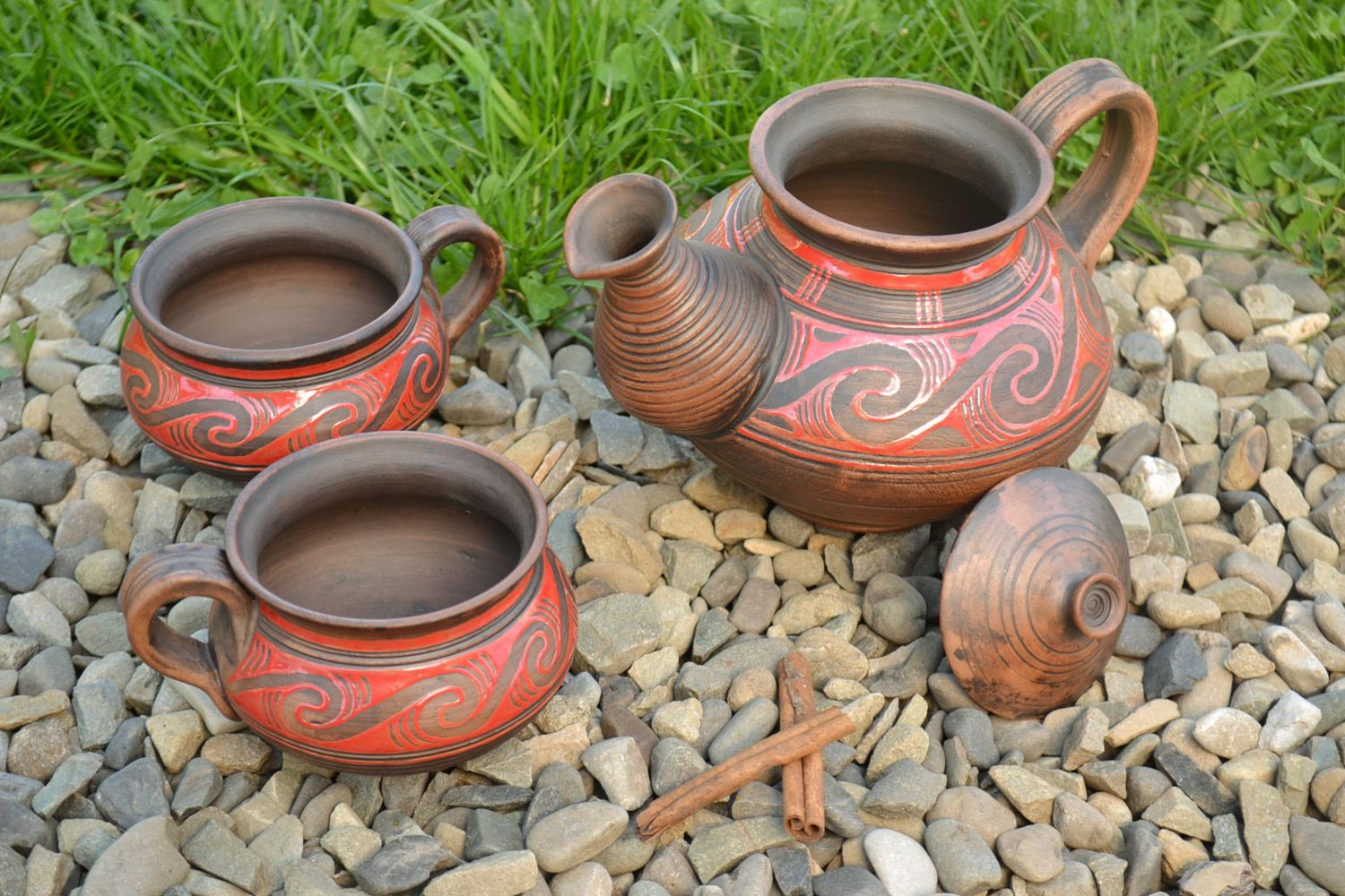 Ensemble de théière et tasses en céramique brun peint fait main 3 pièces photo 1