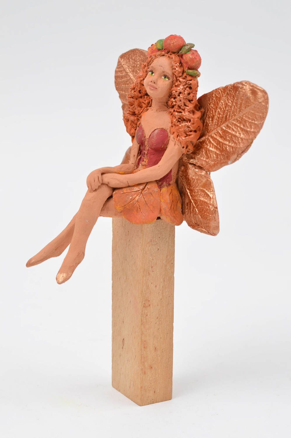 Figurine fée faite main Décoration de pot de fleur argile fille rousse Idée déco photo 5