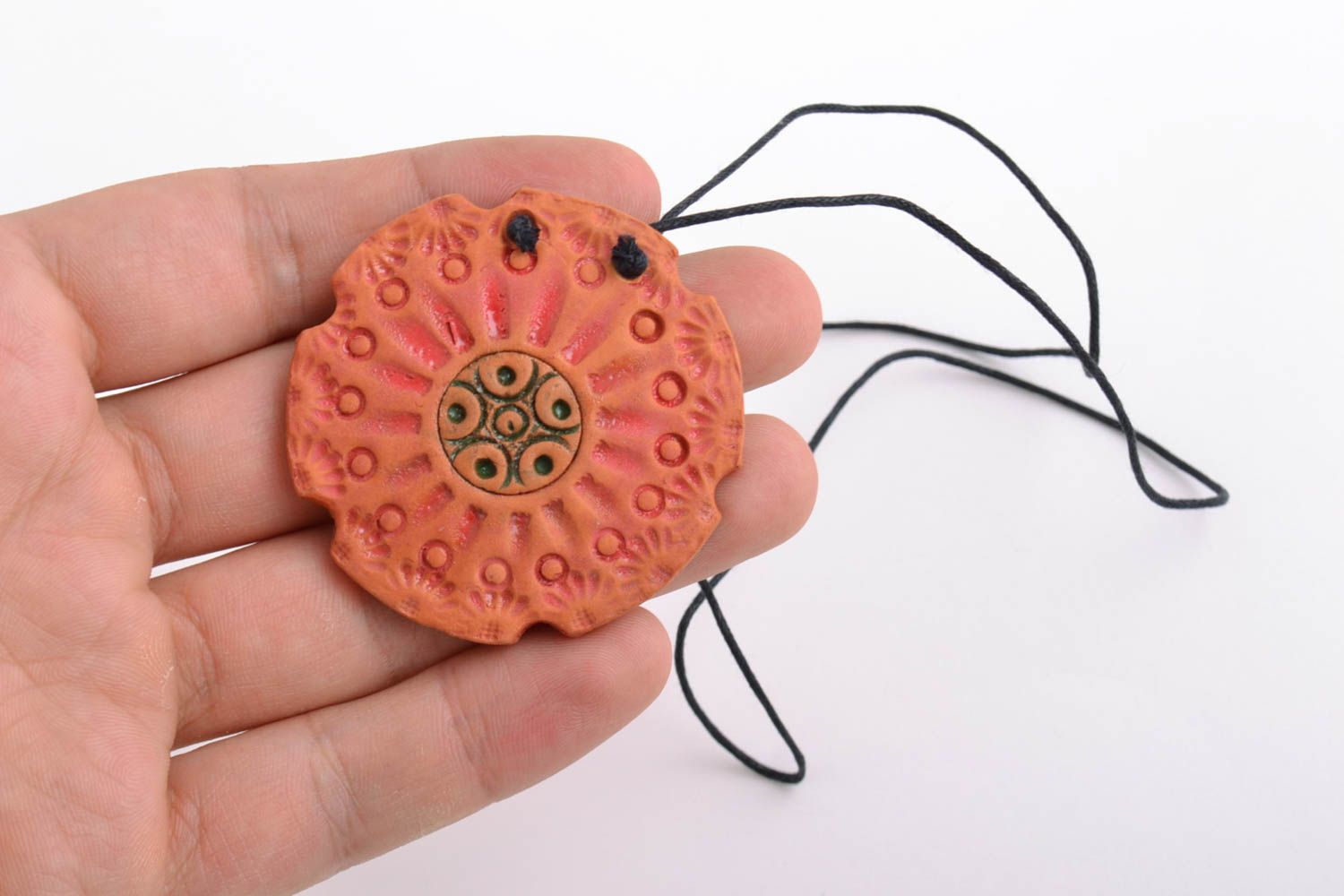 Handmade red clay round stylish pendant on long cord unusual ethnic accessory photo 2