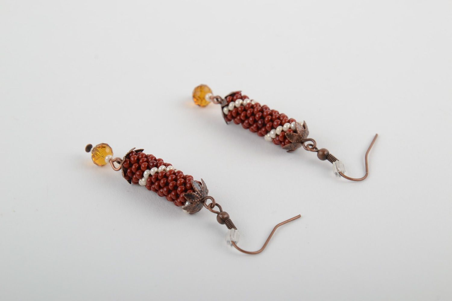 Handmade designer dangle earrings crocheted of beads in autumn color palette photo 4