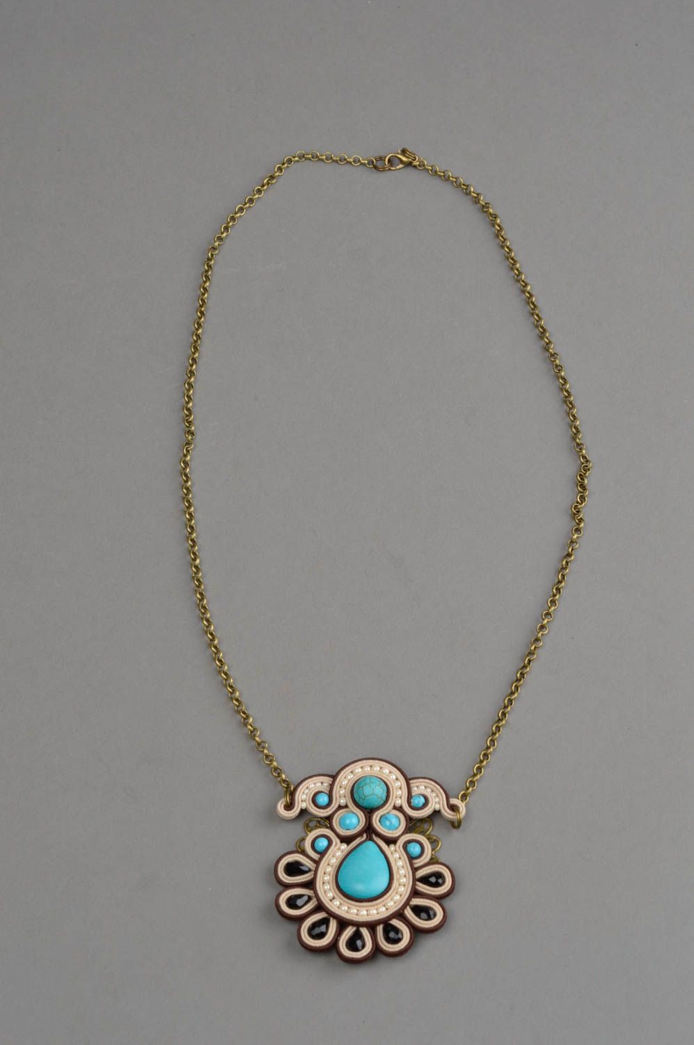 Handmade soutache pendant beaded accessory on chain cute stylish jewelry photo 2
