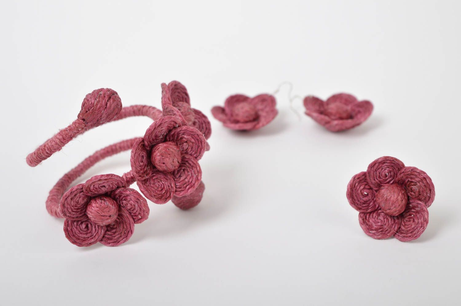 Parure de Bijoux fleurs roses fait main Bracelet boucles d'oreilles bague photo 5