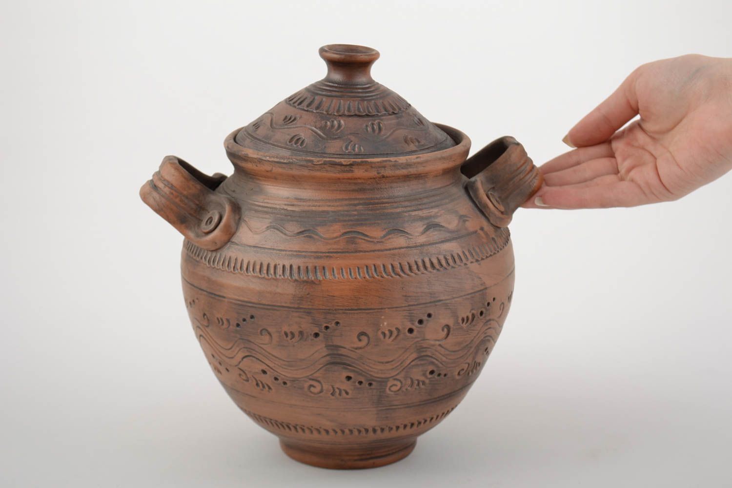 Beautiful handmade designer clay pan with handles and lid 2 l ceramic pot photo 5
