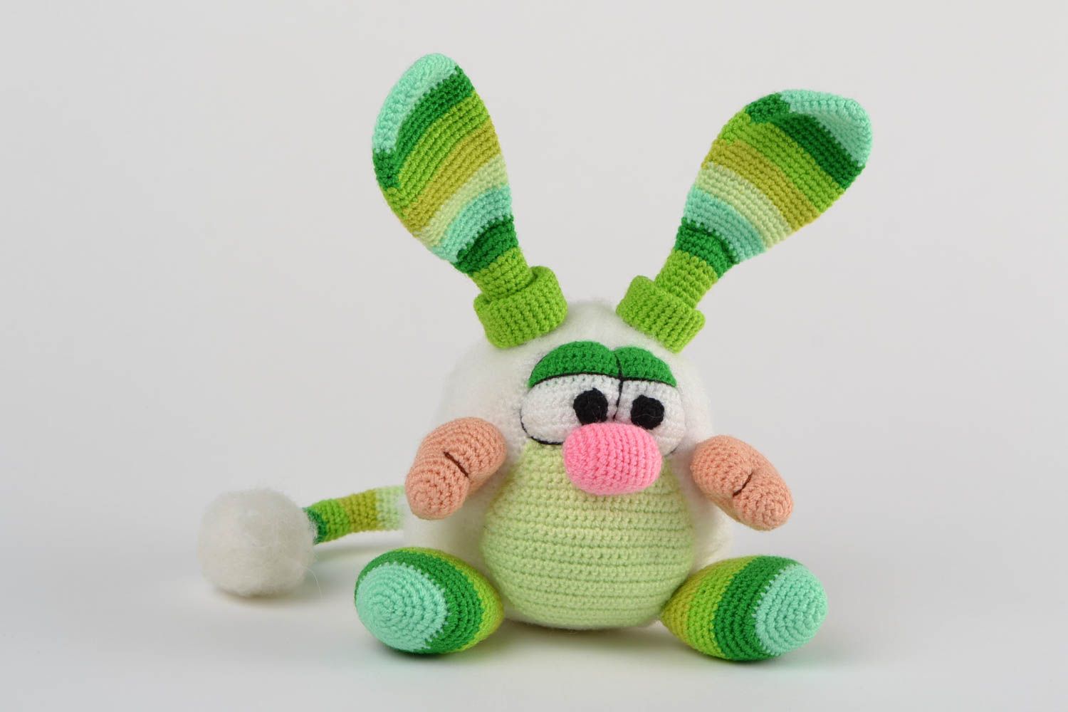Handmade designer soft toy crocheted of acrylic threads green striped rabbit photo 1