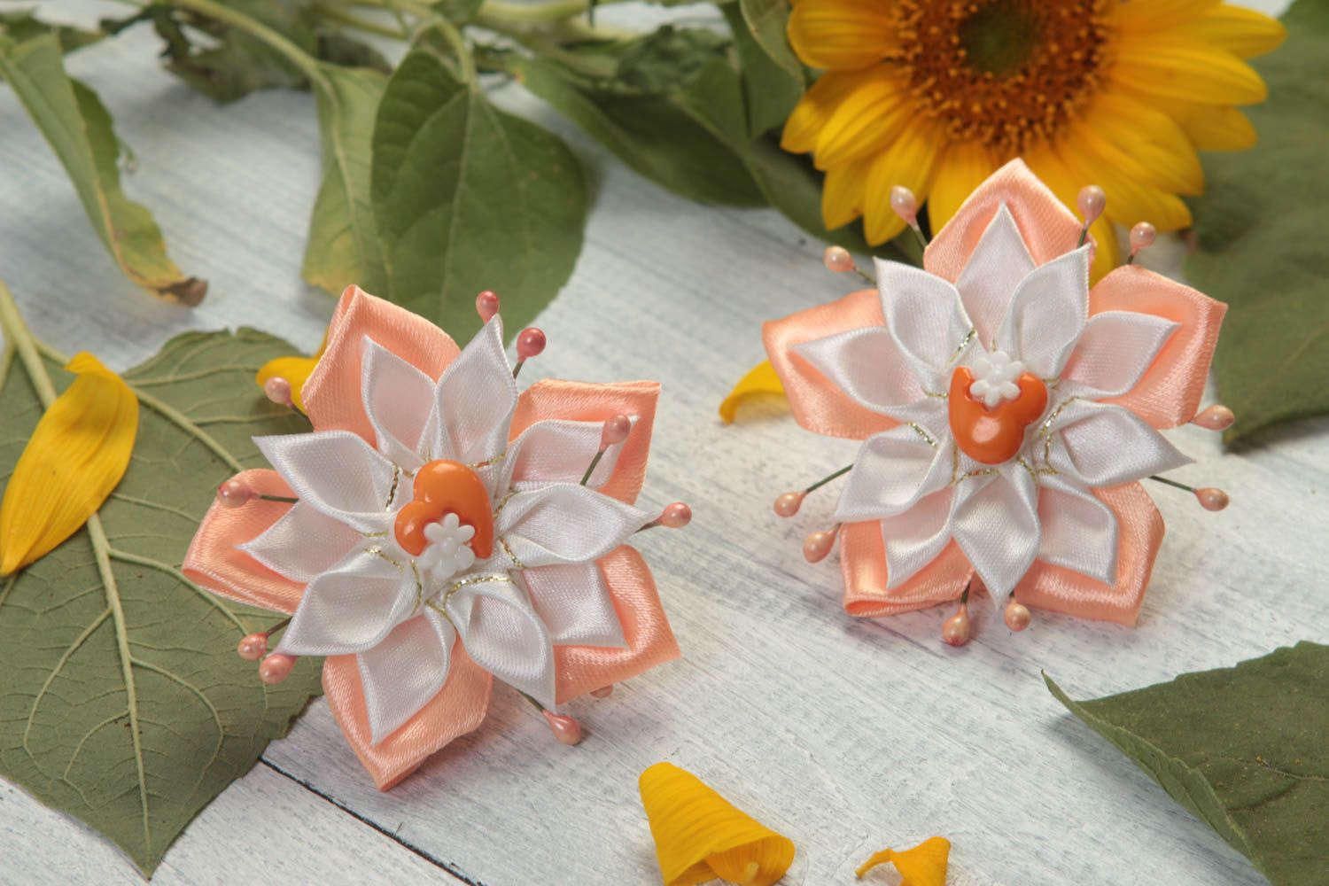 Set of flower hair accessories 2 hair ties kanzashi flowers gifts for girls photo 1