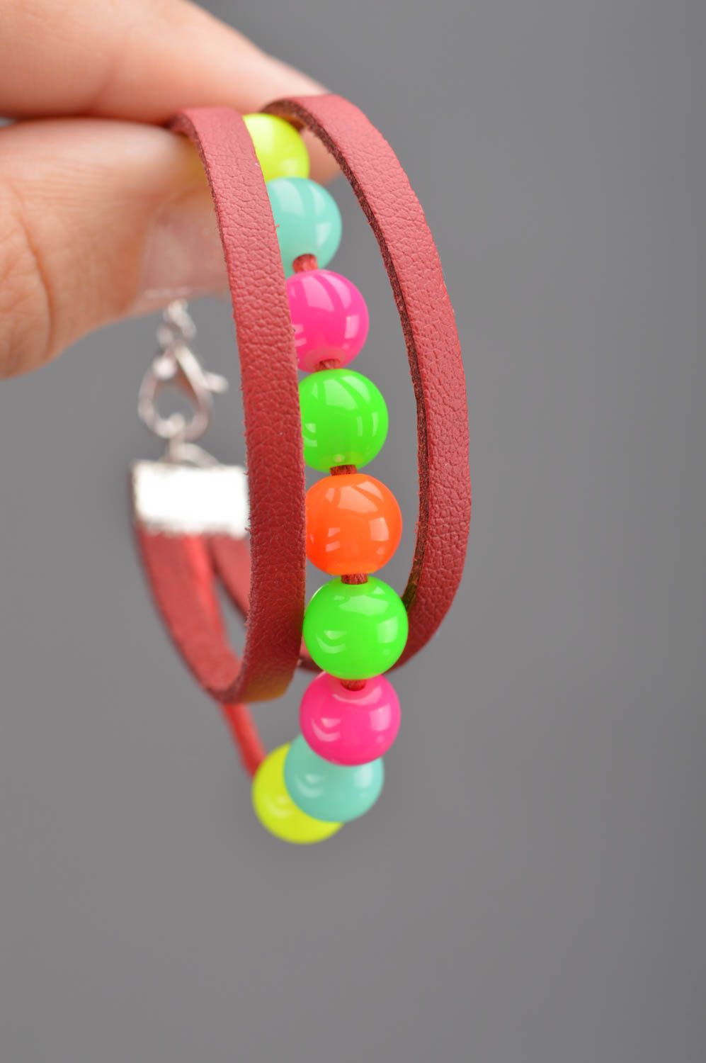 Handmade designer red genuine leather wrist bracelet with colorful beads  photo 2