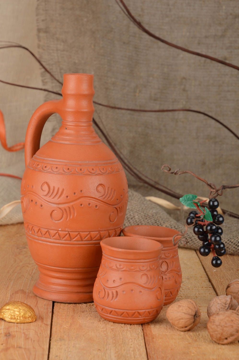 Handmade ceramic drinkware set 2 shot glasses 330 ml and 100 ml and bottle photo 1