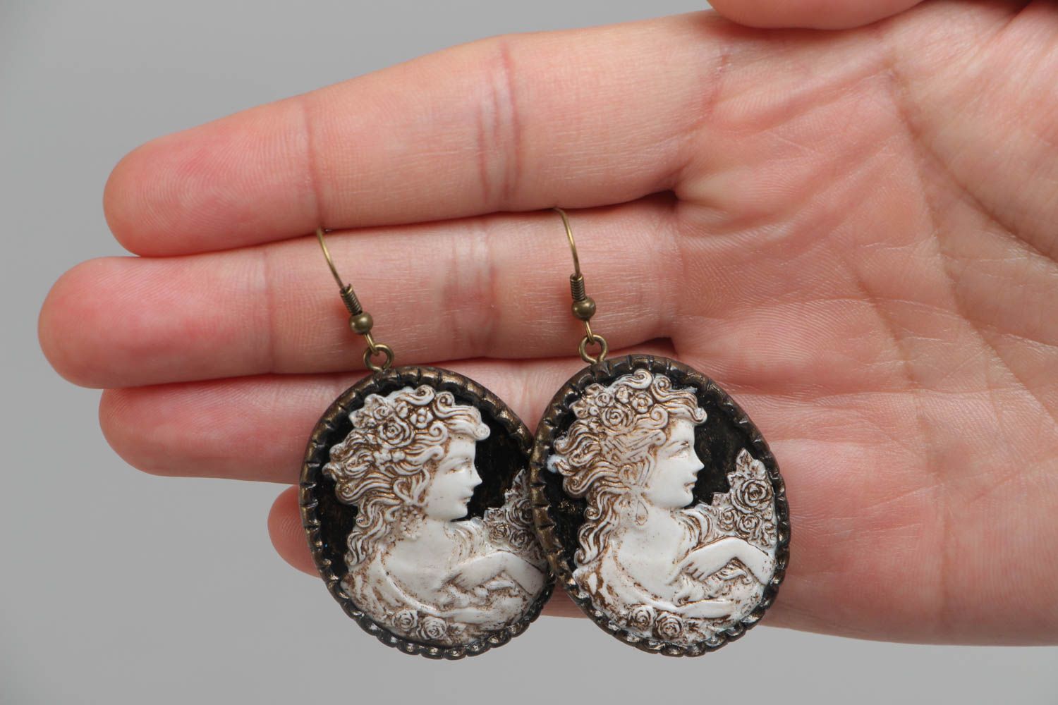 Handmade polymer clay oval earrings wit cameo and hook ear wires photo 5