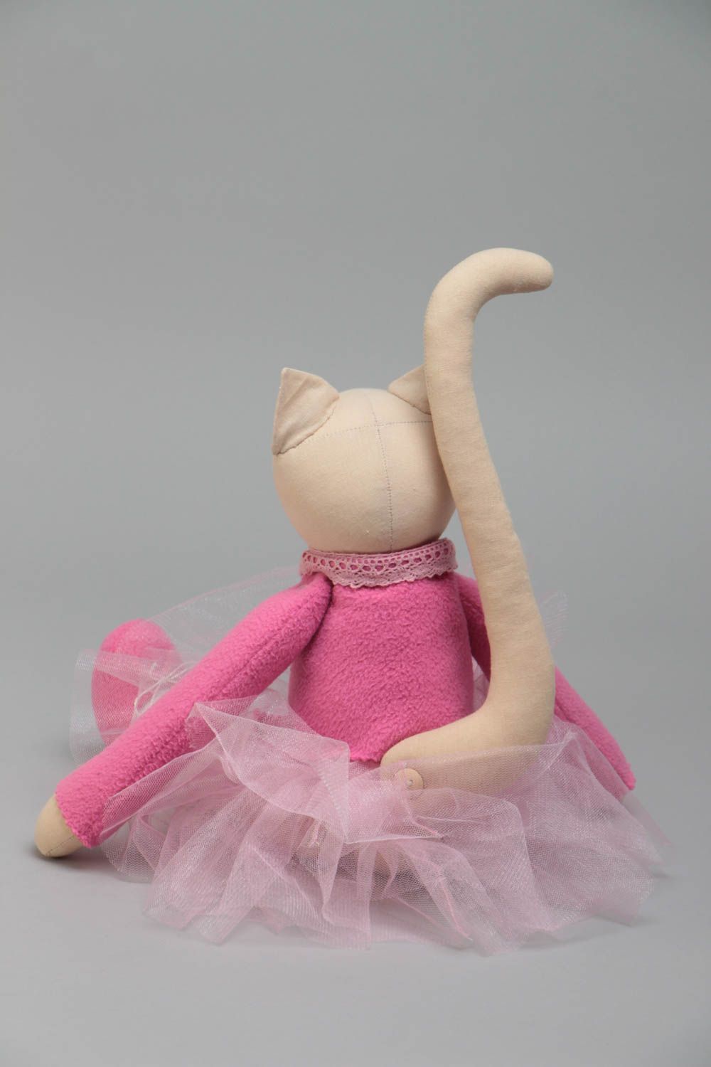 Handmade designer cotton and fleece fabric soft toy cat in pink tutu skirt  photo 4