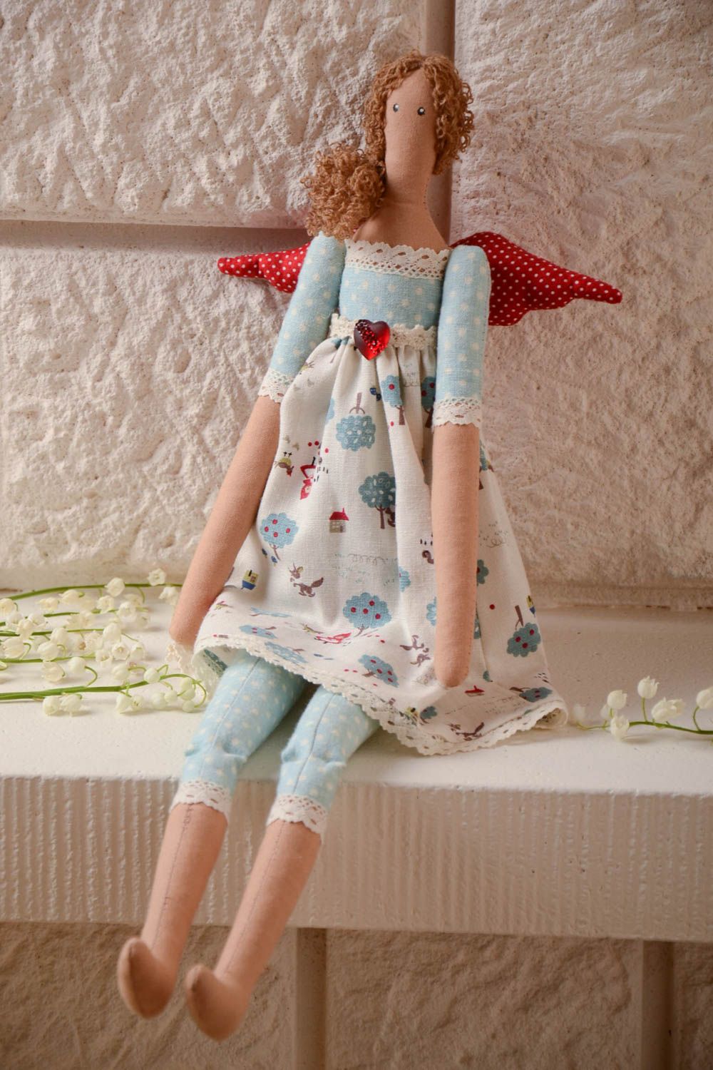 Handmade natural cotton fabric soft toy Fairy with curly hair red polka dot wings photo 1