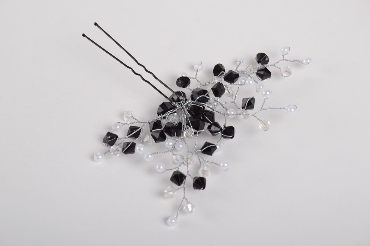 Schwarz weiße Haarnadel mit Perlen handgemachter Schmuck Haar Accessoire  foto 4