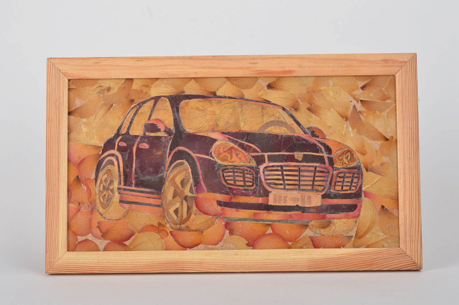 Handmade wall picture with dried flowers and leaves on fabric in frame Car photo 1