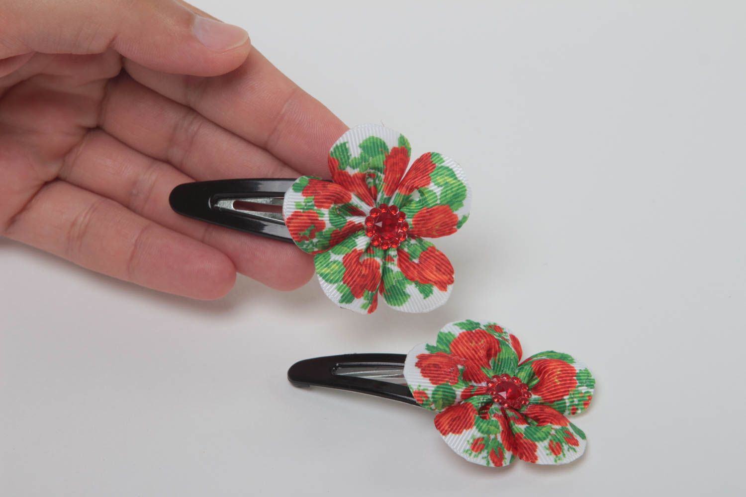 Set of 2 handmade textile barrettes flower hair clips accessories for girls  photo 5