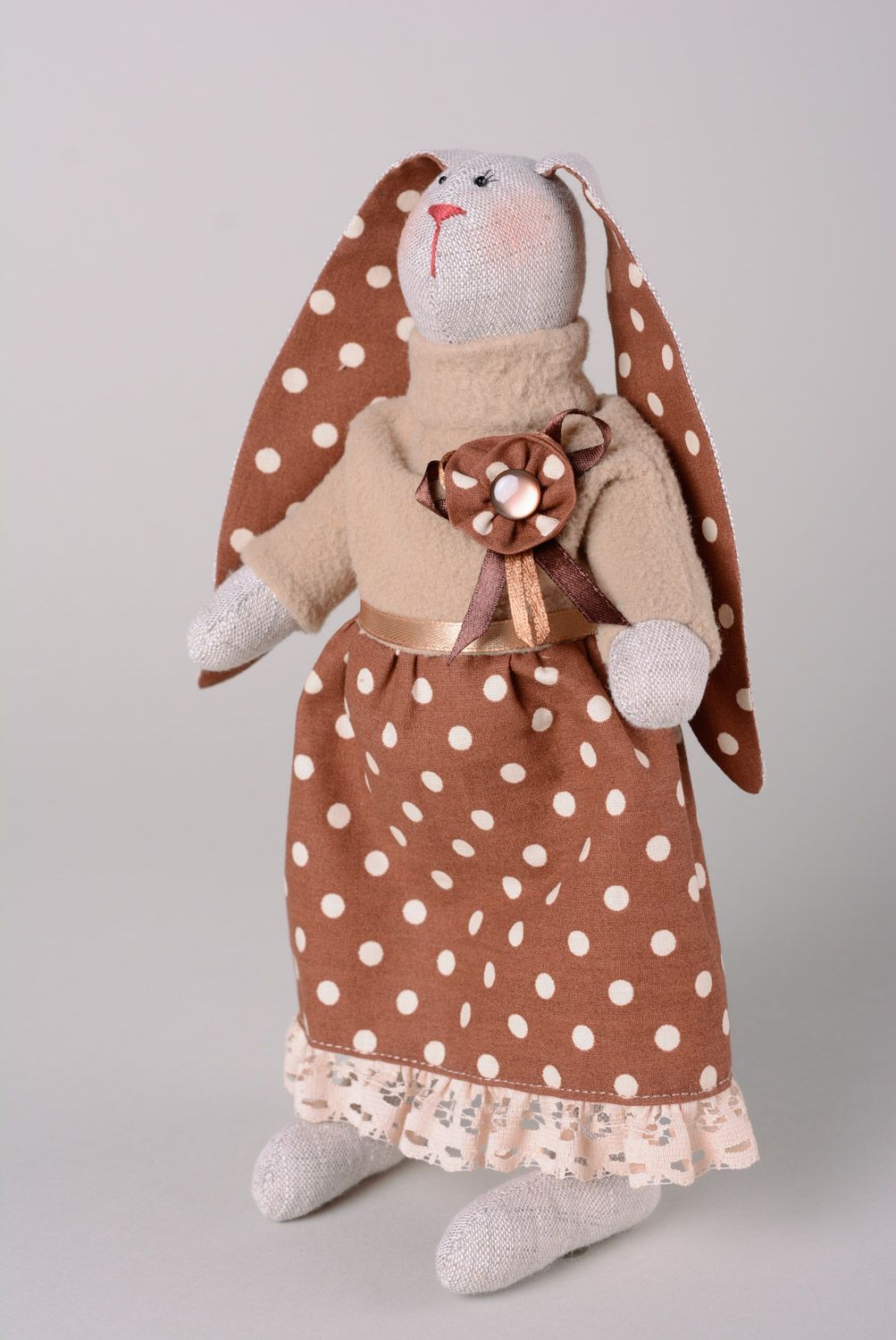 Handmade designer soft toy rabbit sewn of natural fabrics in polka dot dress photo 1