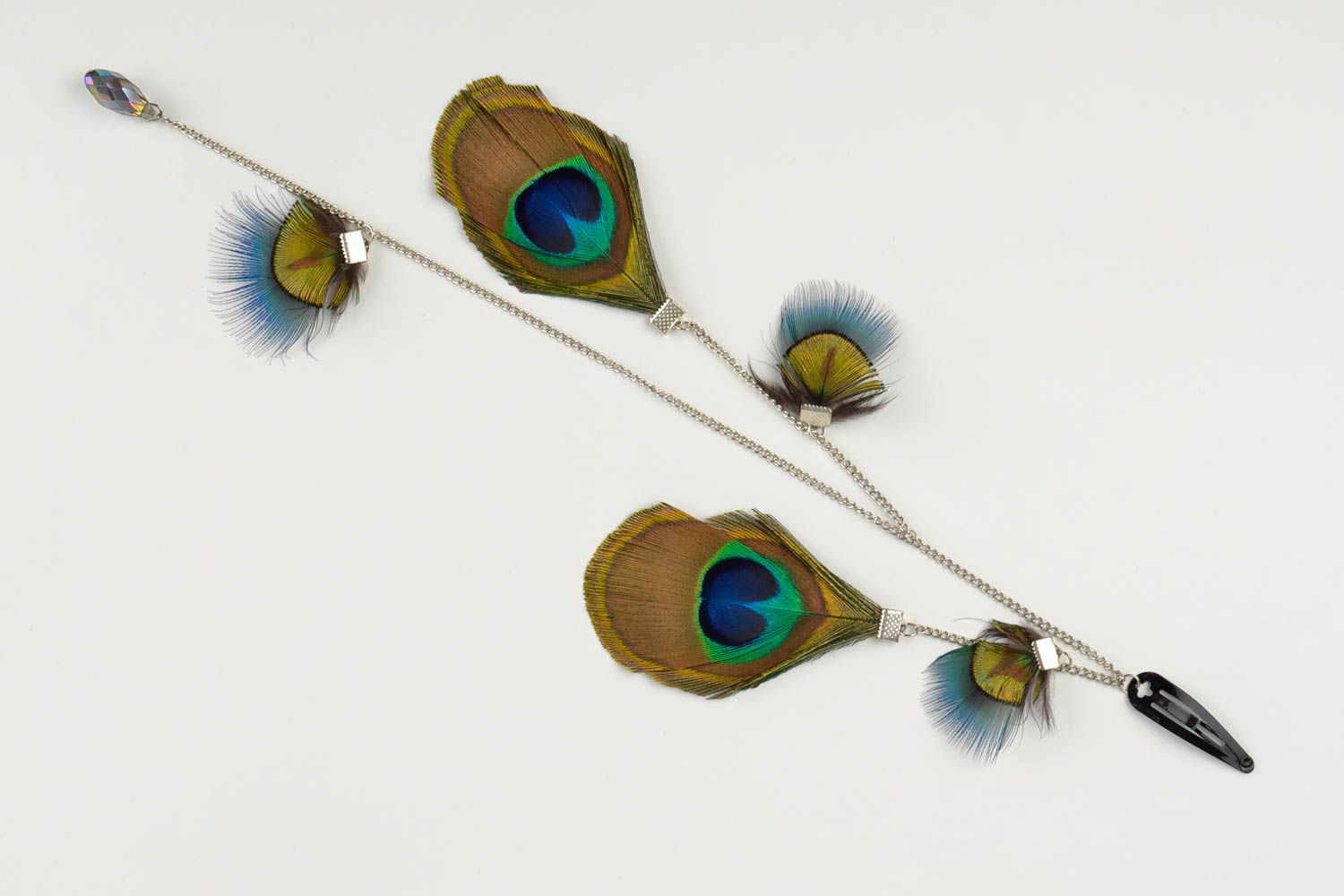 Gancho artesanal con plumas de pavo real adorno para el pelo regalo original foto 3