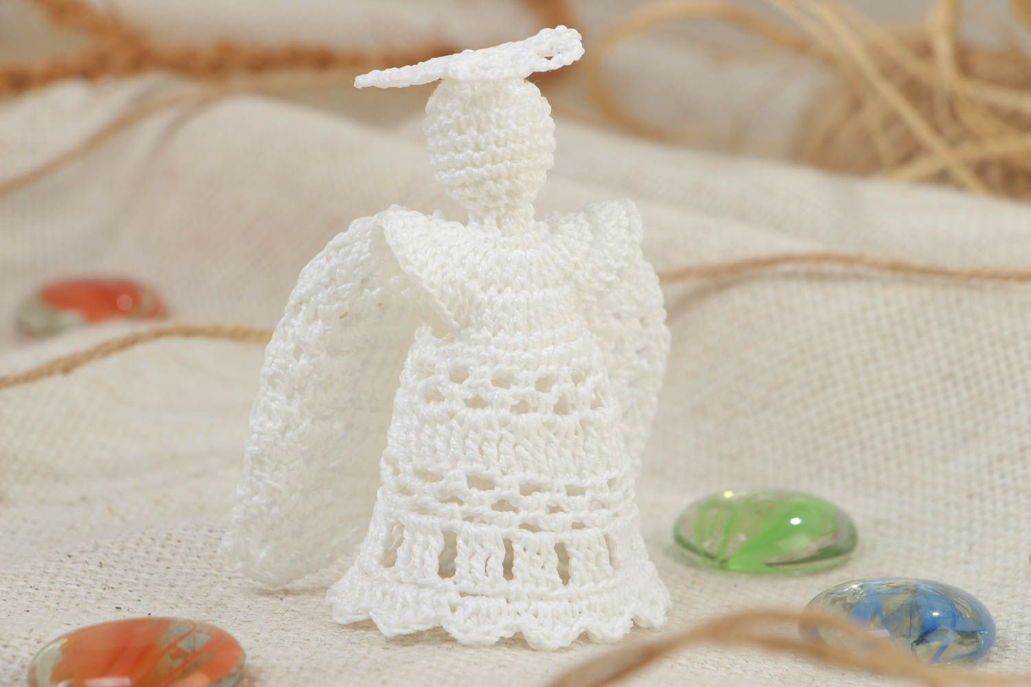 Handmade small white lace decorative Christmas angel crocheted of cotton threads photo 1