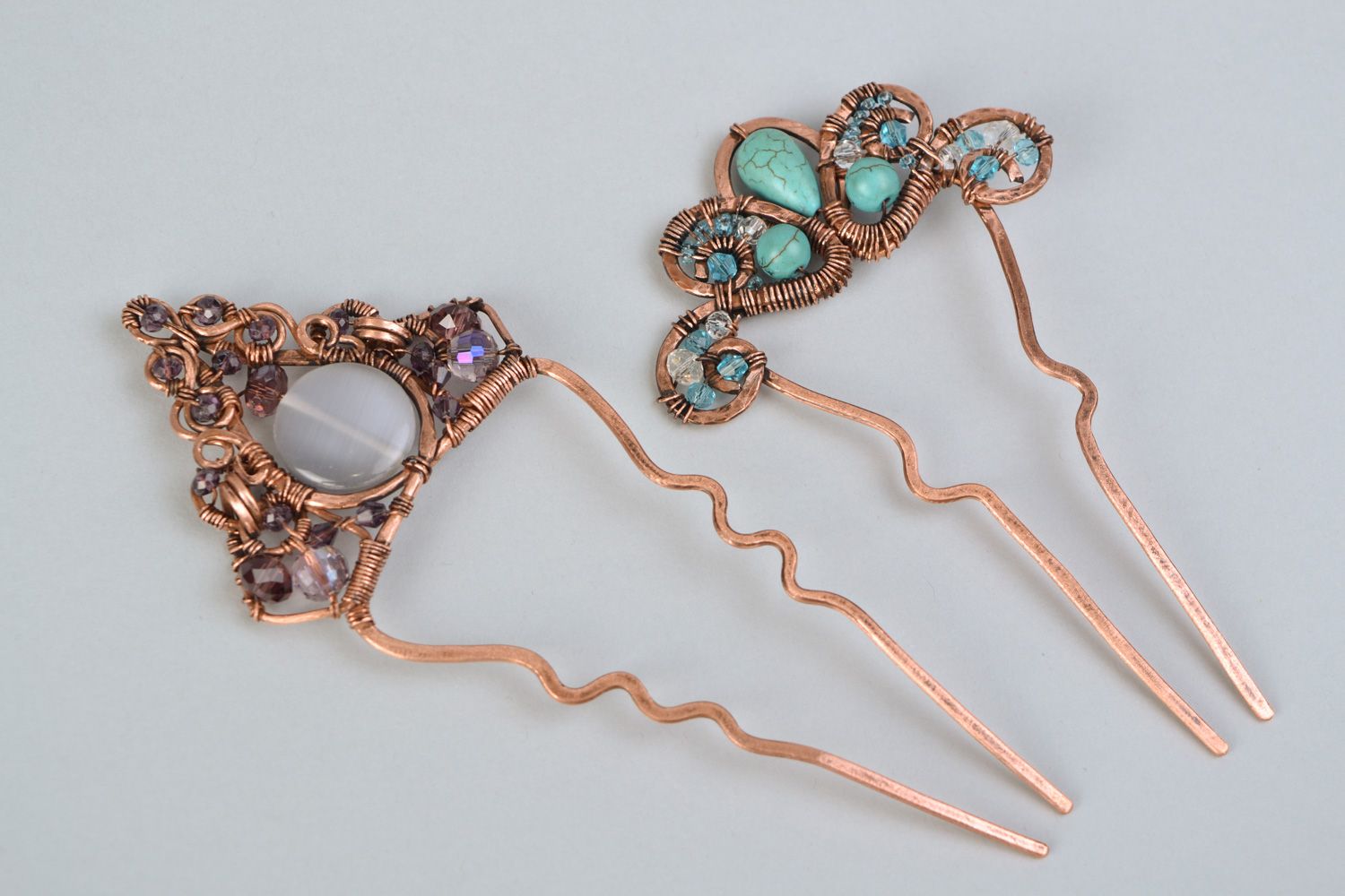 Copper hair pins with natural stones 2 items photo 4