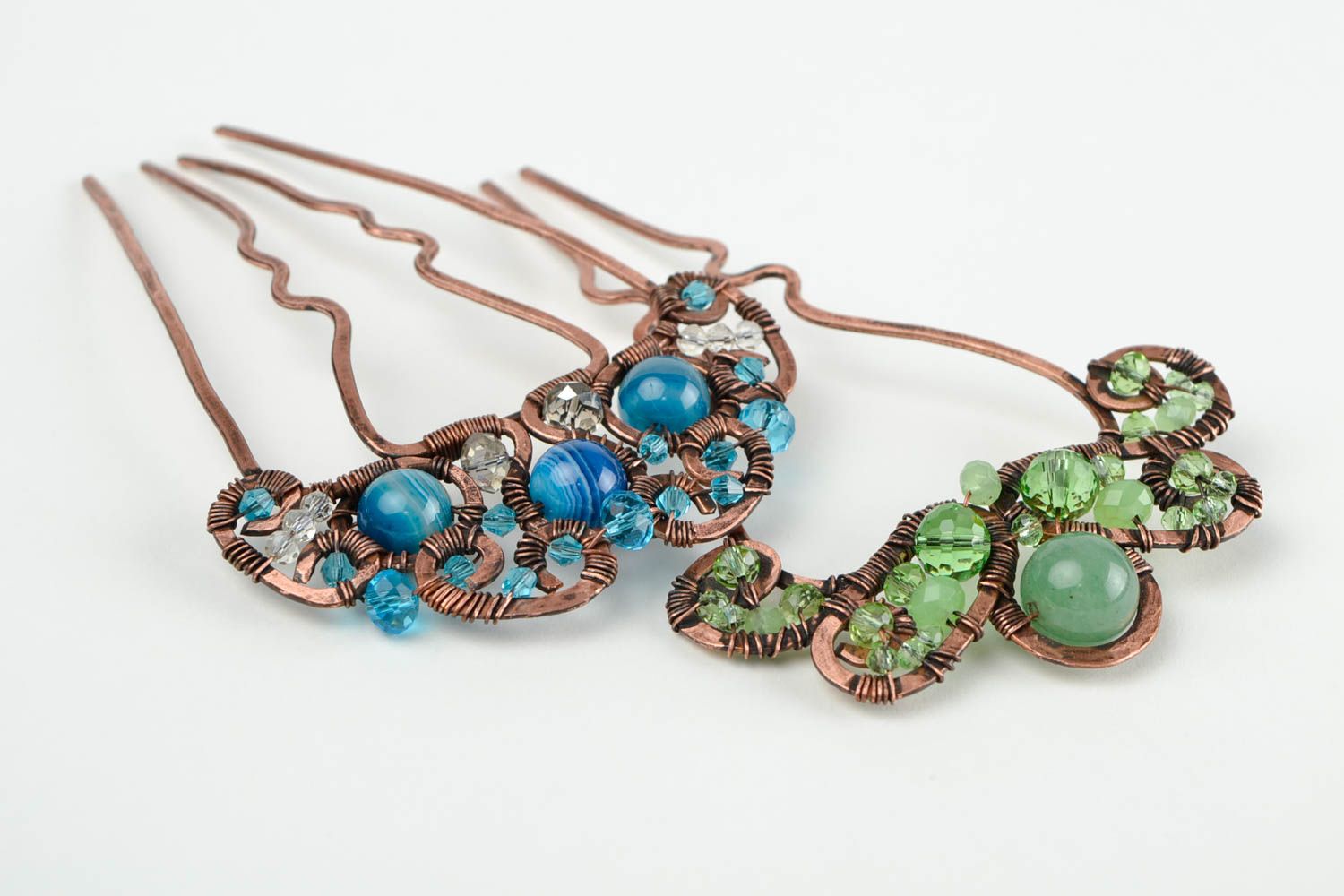 Handmade 2 Haarspangen mit Perlen blau grün Kupfer Schmuck Accessoires für Haare foto 3