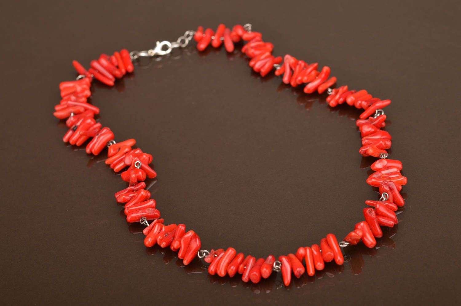 Handmade long designer women's necklace with natural bright red coral photo 2