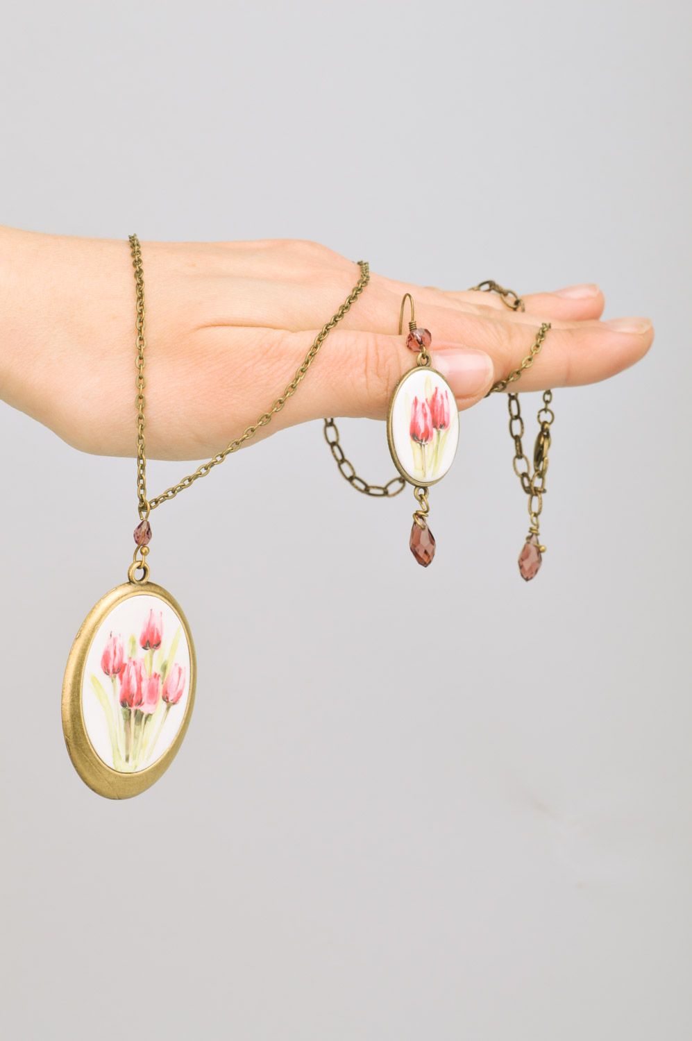 Handmade metal jewelry set with miniature painting 2 items pendant and earrings Tulips photo 5