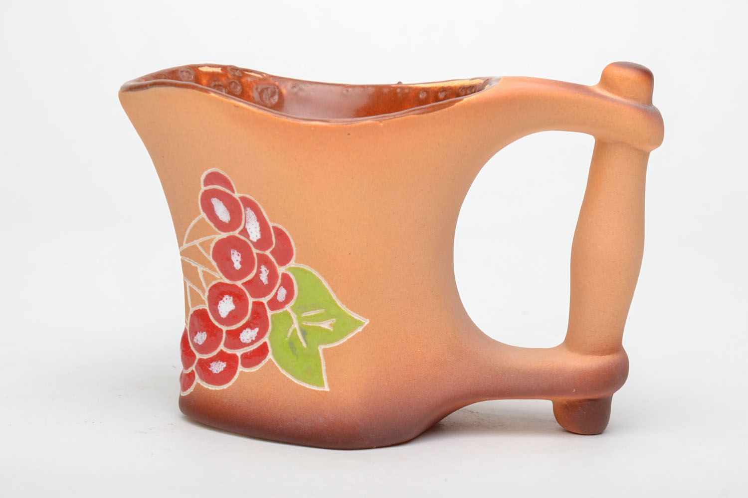 Handmade glazed clay coffee cup with a wide handle and red floral pattern 0,63 lb photo 2