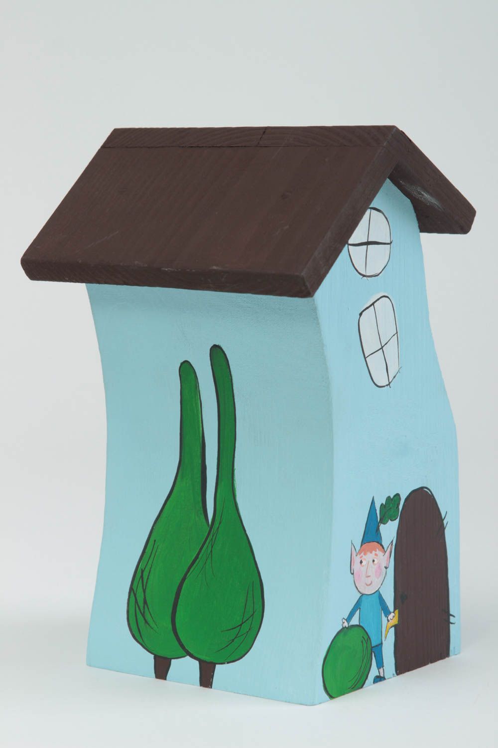 Maisonnette en bois fait main Petite statuette peinte bleu clair Déco intérieur photo 2