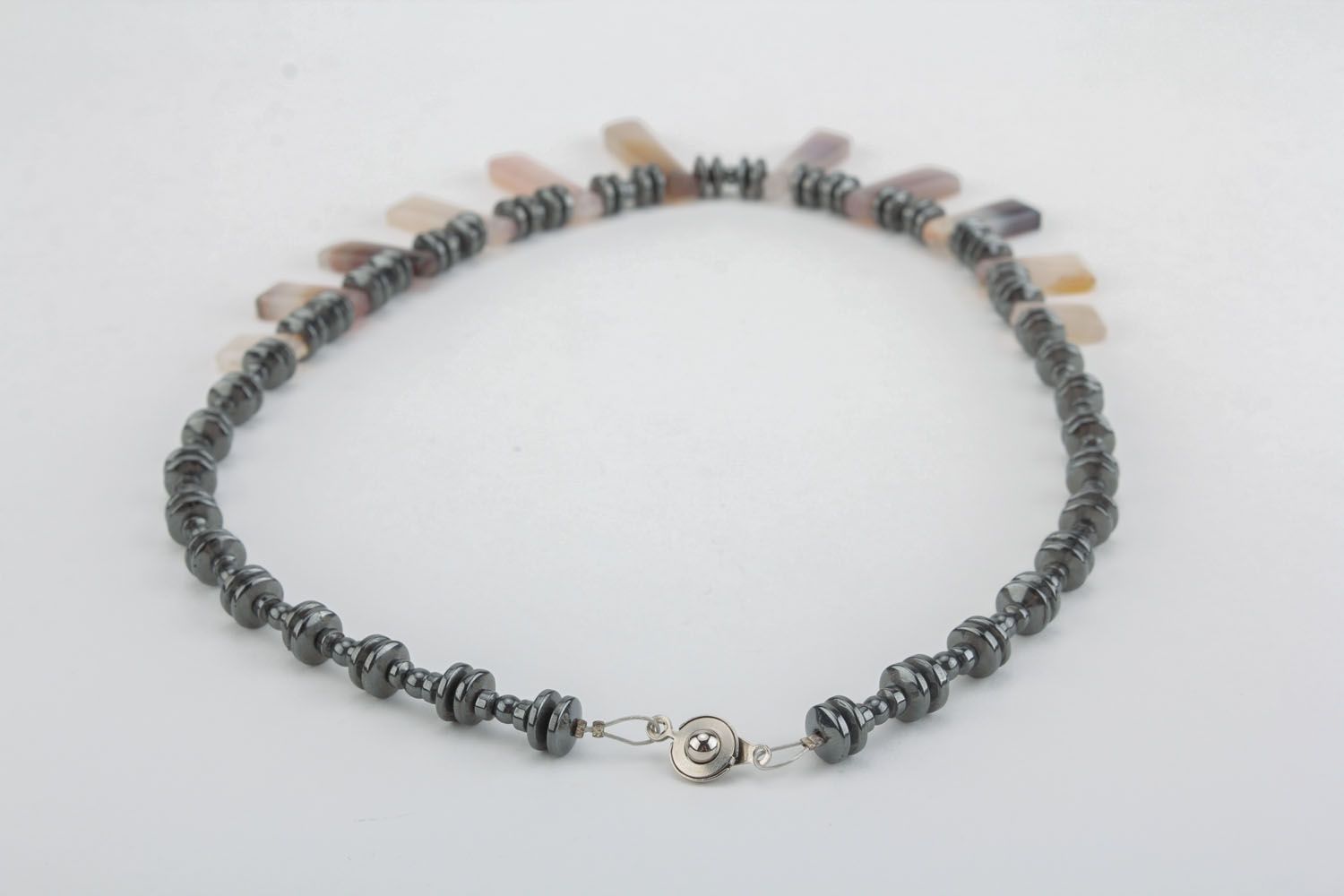 Bead necklace with natural stones in gray color palette photo 2