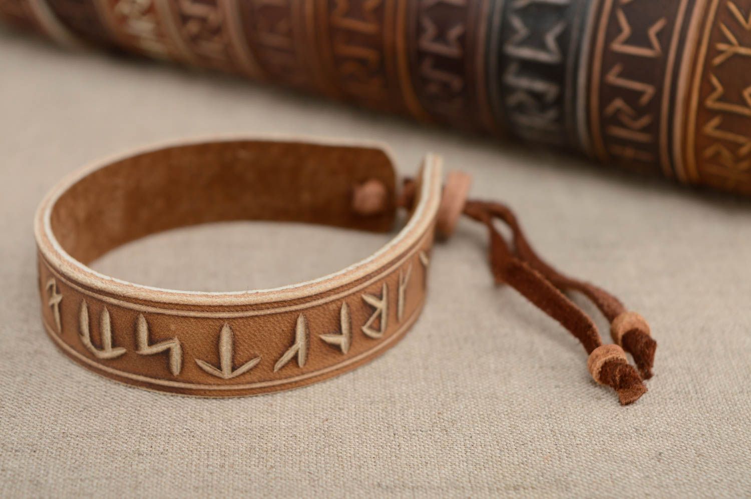 Brown leather bracelet with runes photo 2
