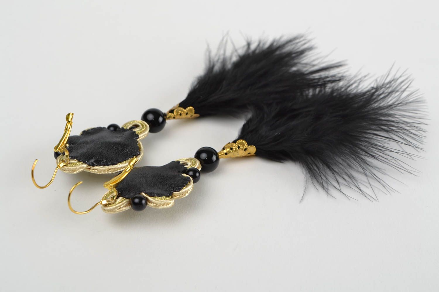 Handmade designer long soutache earrings with natural stones and feathers photo 5