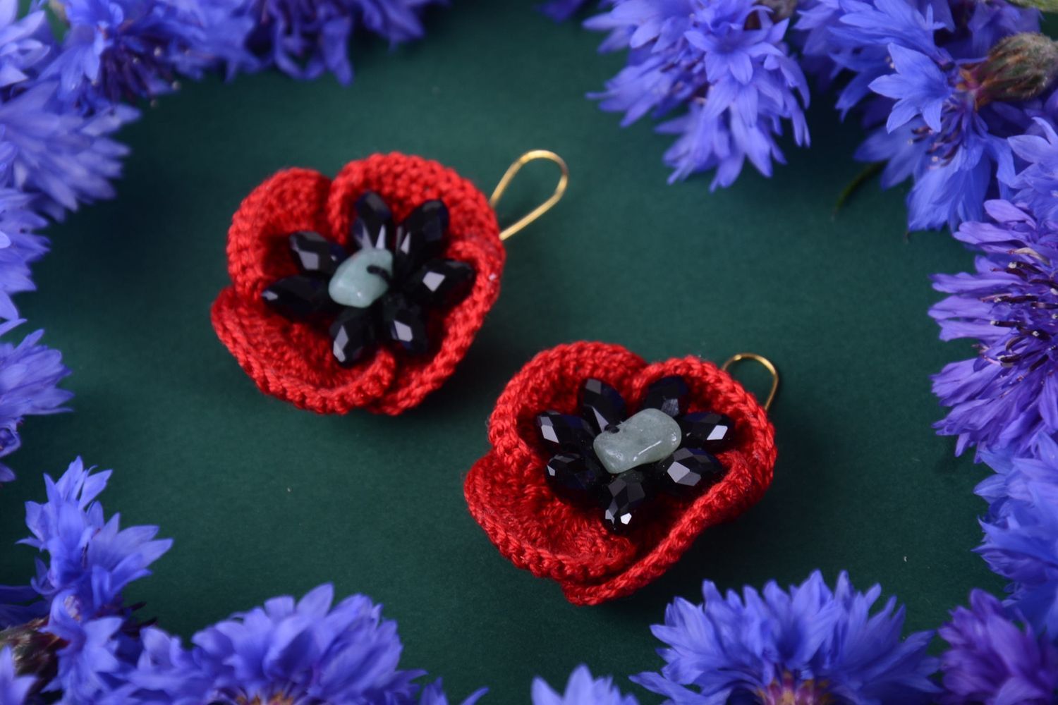 Gehäkelte Ohrringe handmade Blumen Ohrringe ausgefallener Ohrschmuck rot schwarz foto 1
