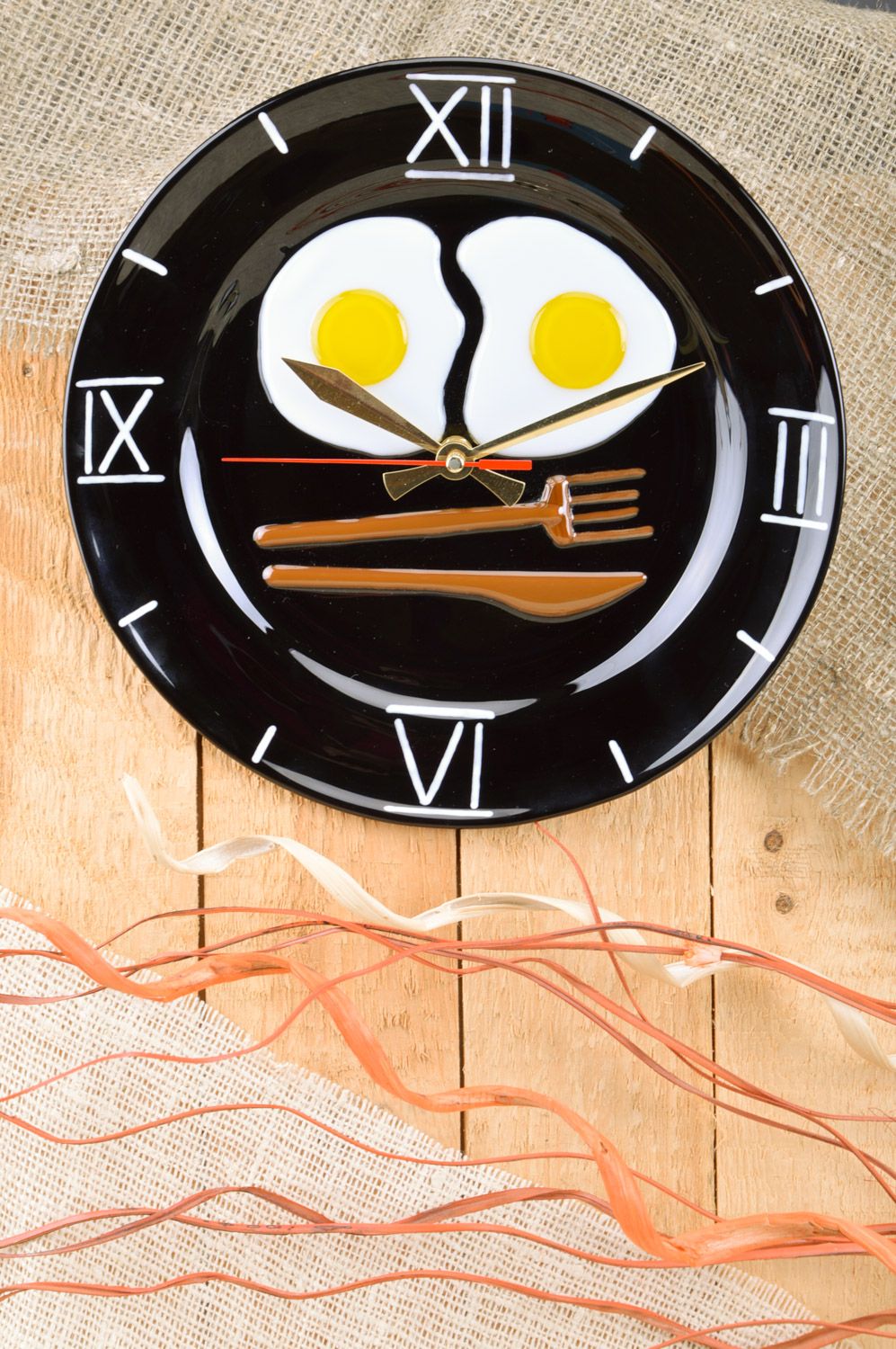 Handmade round black fusing glass wall clock Fried Eggs for kitchen interior photo 1
