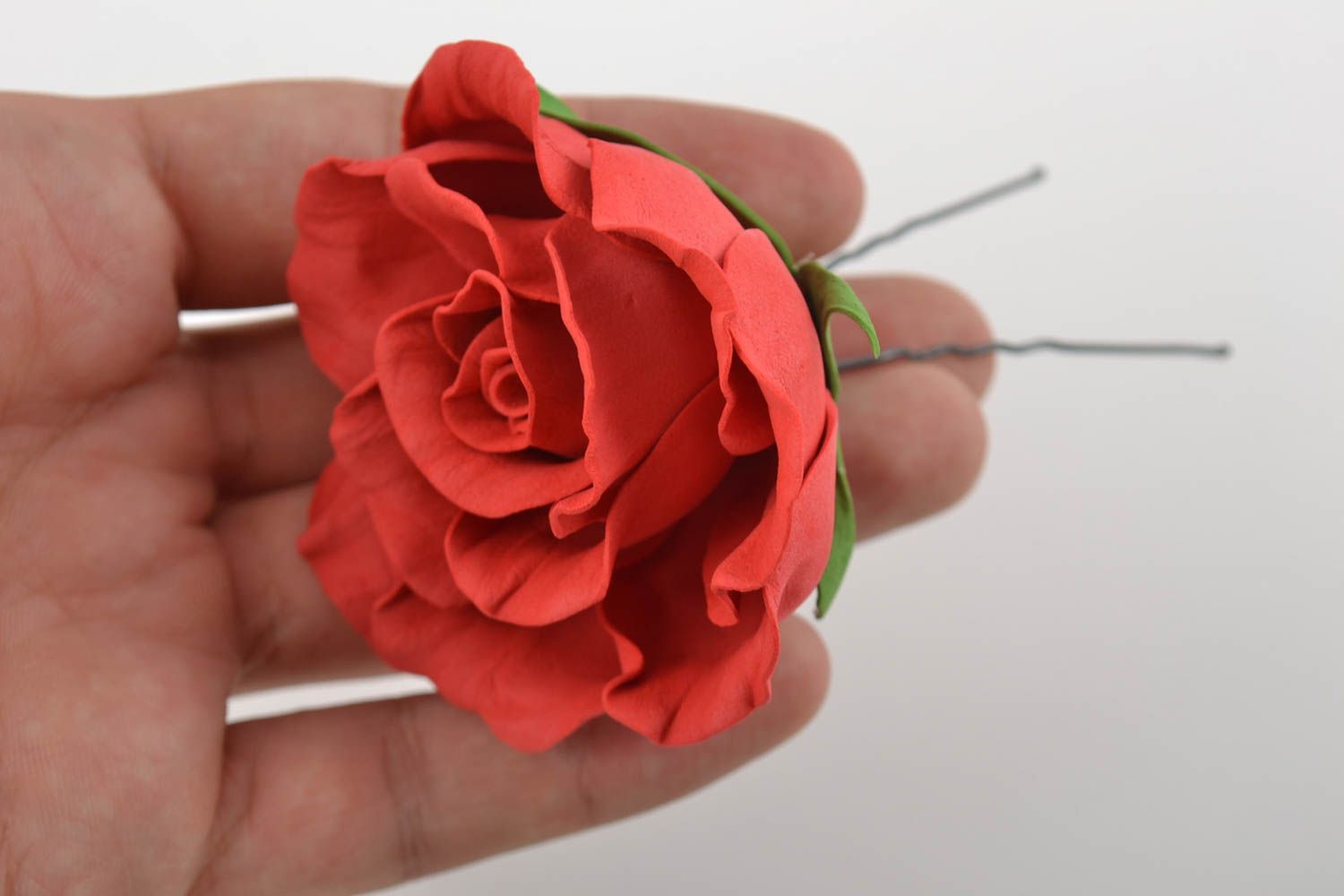 Handmade hair pin made of foamiran with large red elegant beautiful rose photo 9
