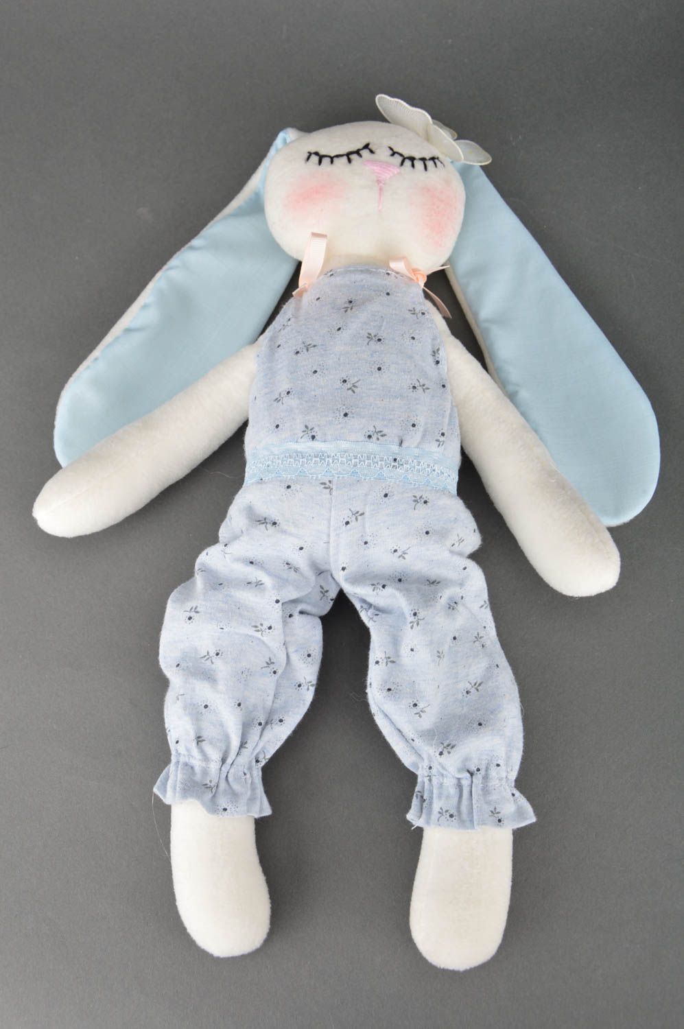 Handmade designer cotton fabric soft toy tender rabbit in blue overall photo 4