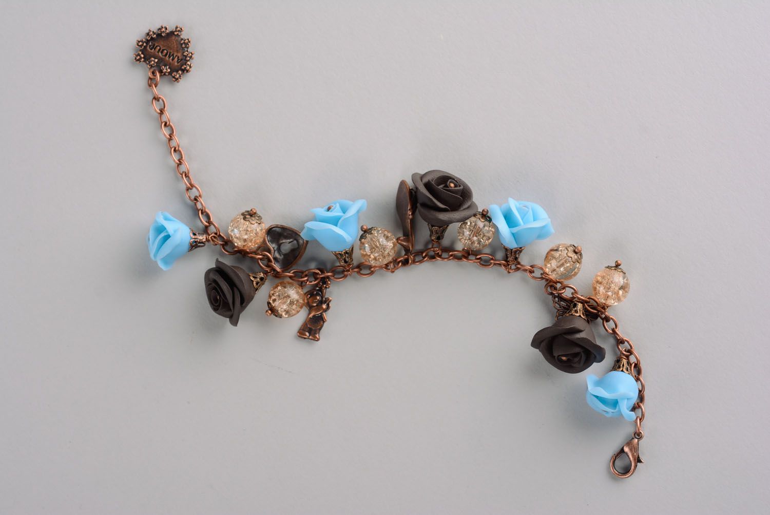 Charm brown and turquoise roses bracelet with transparent glass balls photo 2