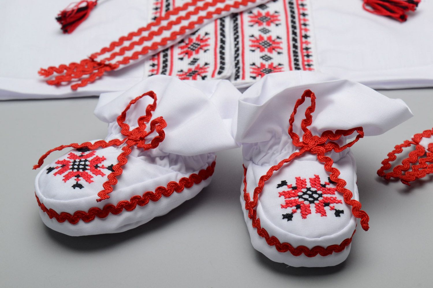 Set of handmade ethnic clothes for baby boy embroidered shirt pants hat shoes belt photo 5