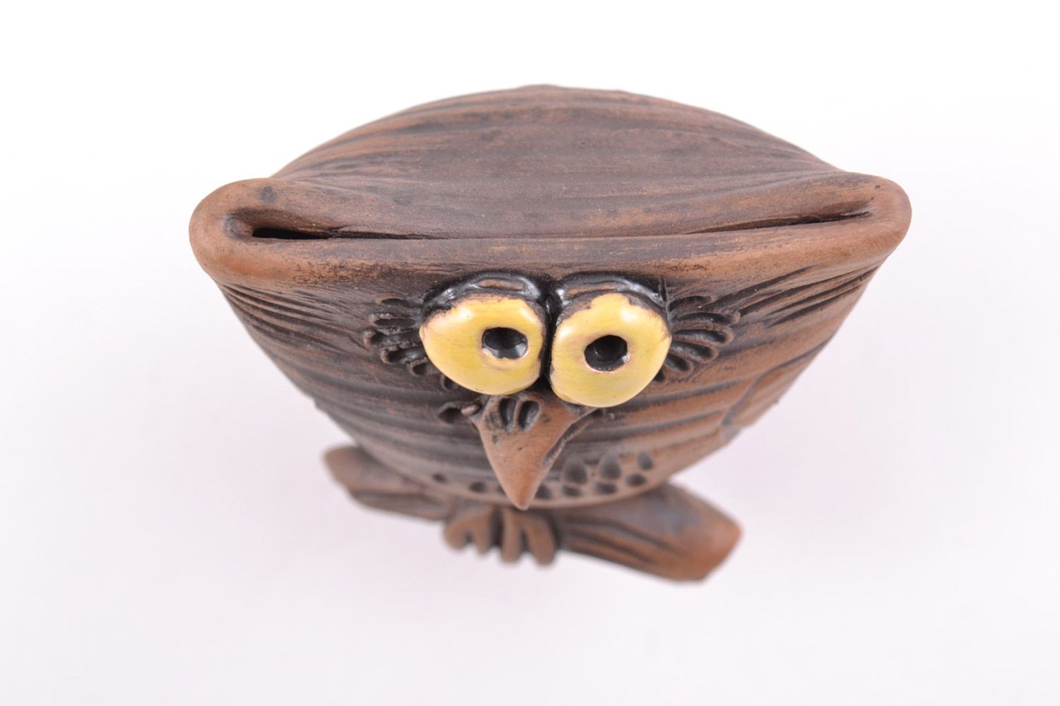 Handmade miniature souvenir ceramic statuette of funny owl of chocolate color photo 3
