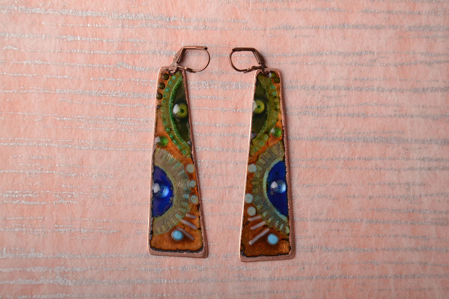 Handmade copper earrings painted with enamels photo 1
