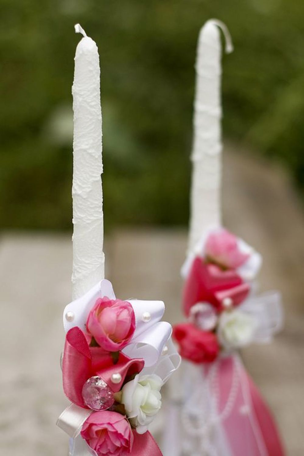 Wedding candle with pink ribbons photo 3