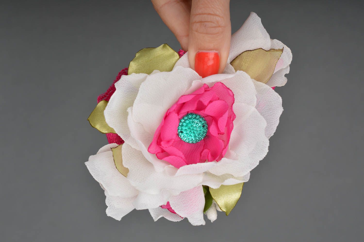 Beautiful women's handmade designer chiffon fabric flower brooch pink and white photo 3