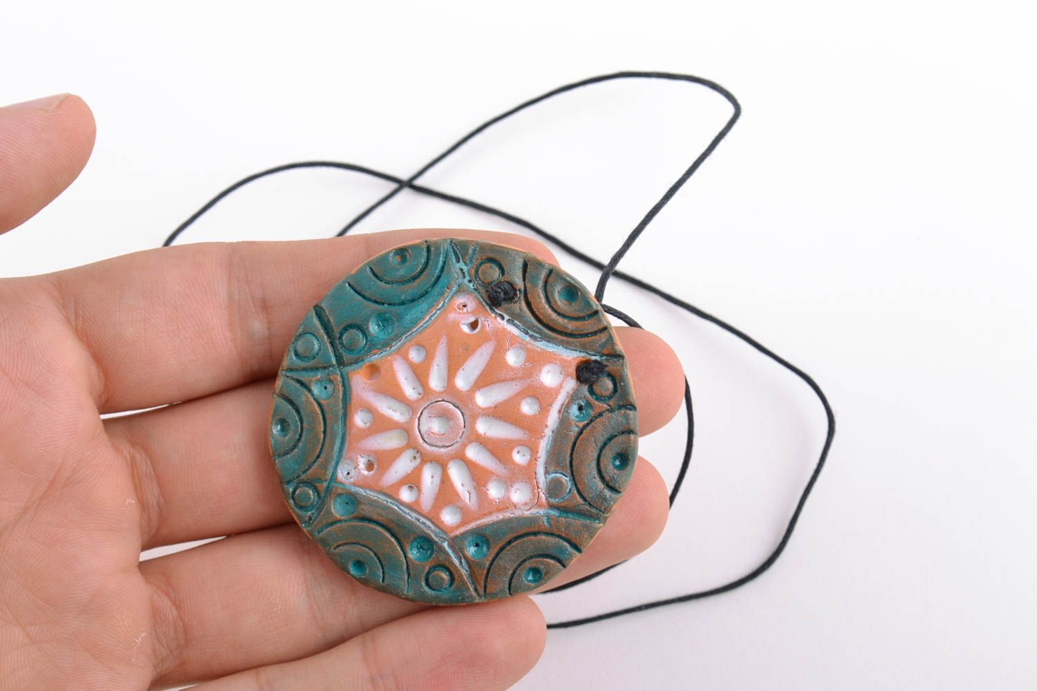 Handmade clay pendant on long cord round unusual stylish accessory for women photo 2
