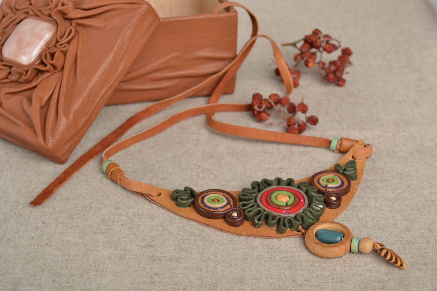 Handmade Leder Collier Modeschmuck Halskette Geschenk für Frauen beige  foto 1